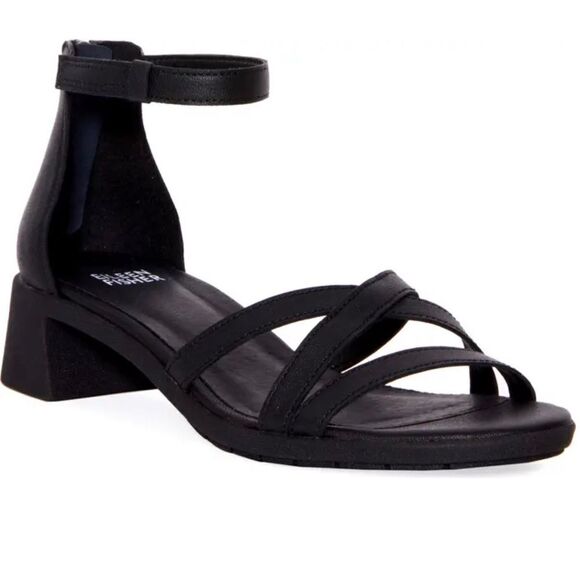 Eileen Fisher Noni Black Leather Ankle Strap Block Heel Sandals Size 6 - Picture 1 of 9